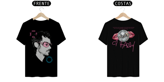 Camiseta Harry StylesKiss All the Time. Disco, Occasionally (Preta, Estampa Frente & Costas)