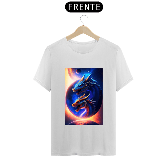 Um dragão azul voando no espaço com um planeta ao fundo