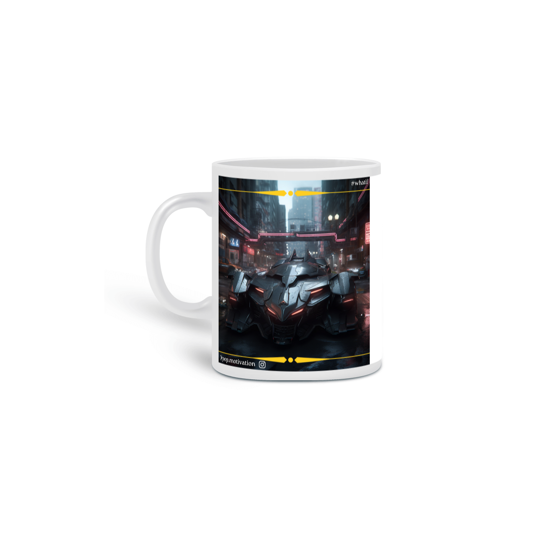 Caneca Universos Paralelos: Batmóvel e Batwing Cyberpunk