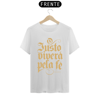 Nome do produto Camiseta masculina básica - O justo viverá plea fé - arte dourada 