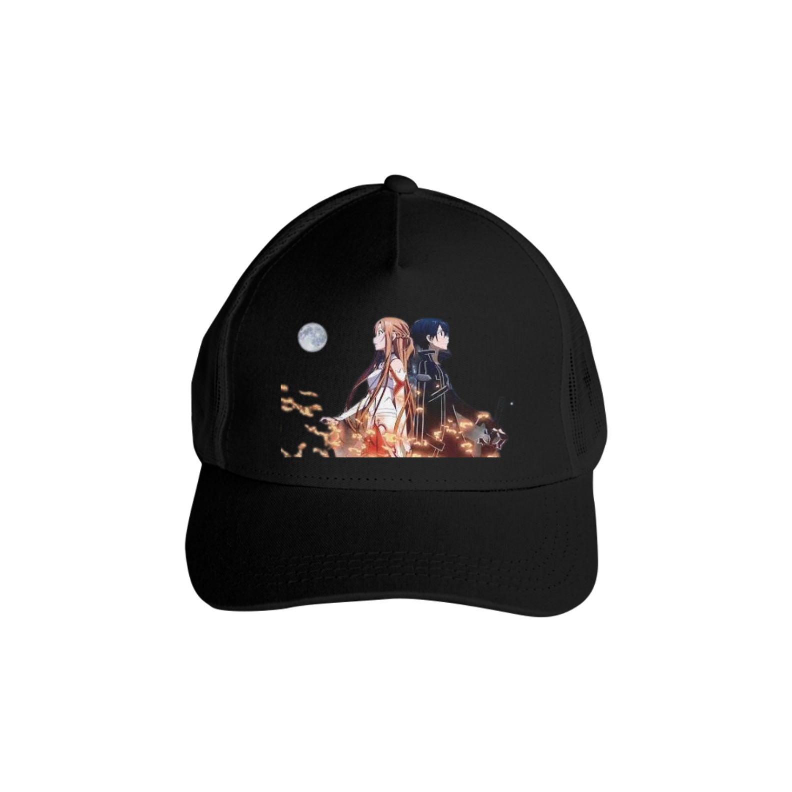 Boné Americano Trucker Aba Curva Anime Sword art Online Kirito e Asuna