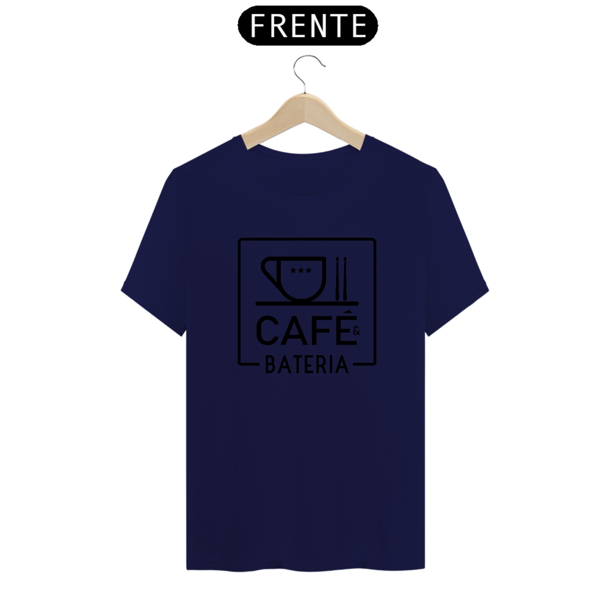 Nome do produto: Camiseta Básica Café & Bateria - Cores Azul, Branca ou Cinza (Estampa Grande)