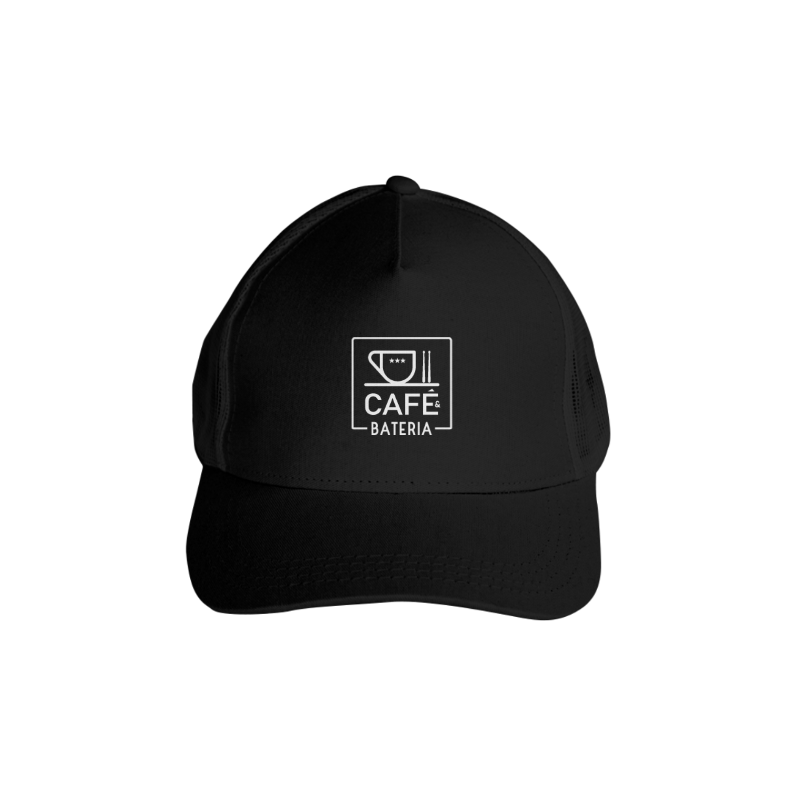 Boné Trucker Café & Bateria - Estampa Branca