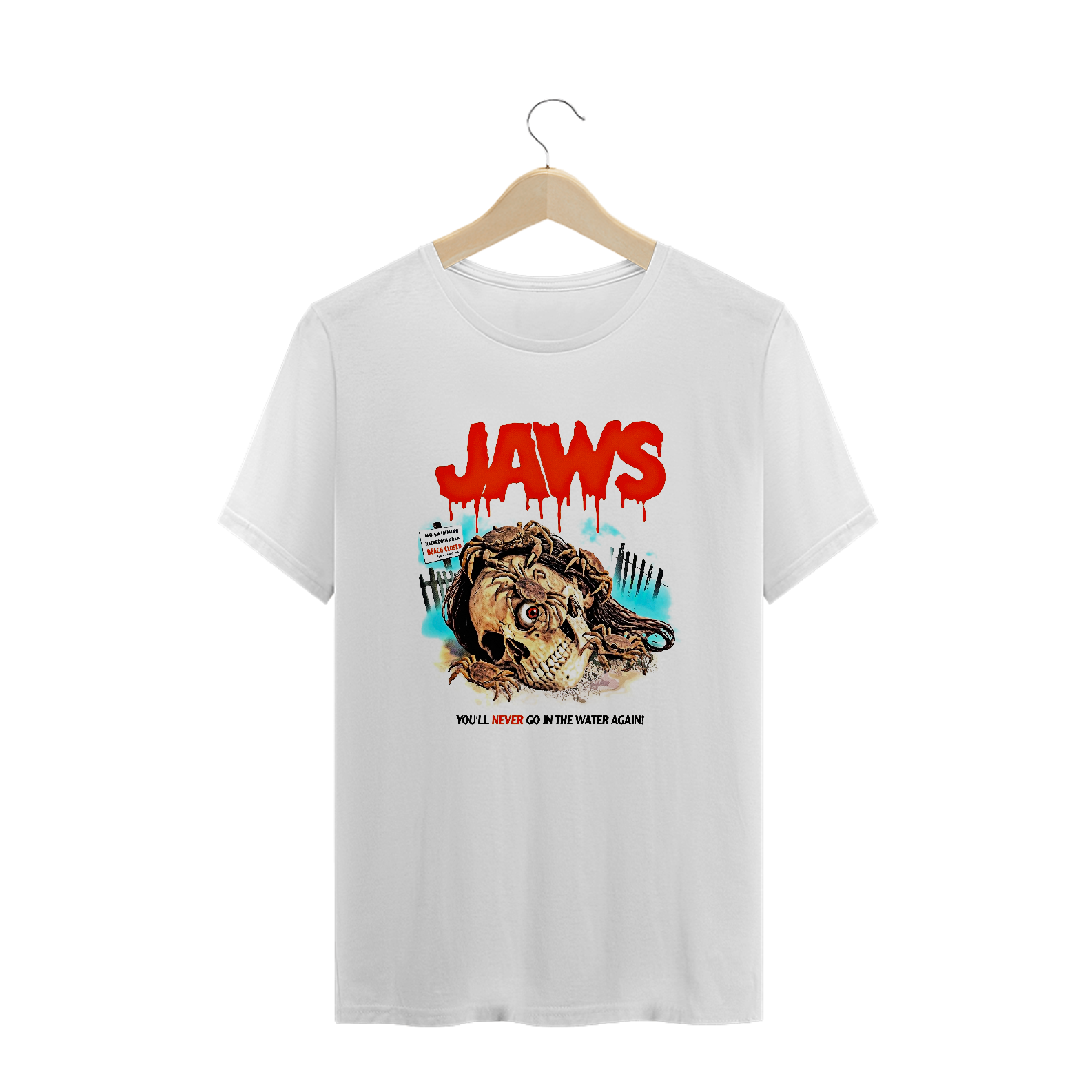 Camiseta Plus Size Tubarão - VOCÊ NUNCA MAIS VAI ENTRAR NA ÁGUA! Estampa Filme Terror