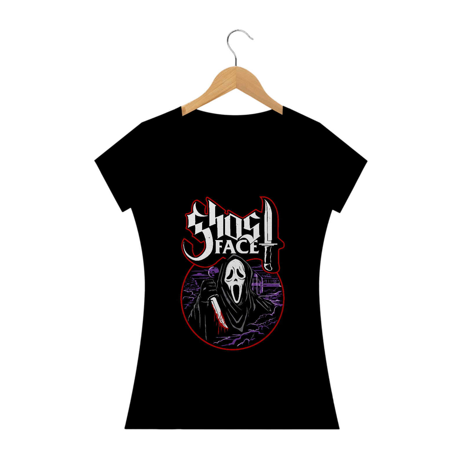 Camiseta Feminina Ghostface Estampa Pânico ROCK HORROR 