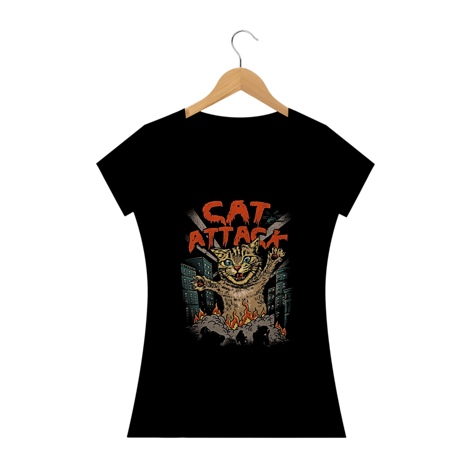 Camiseta Feminina Gato Ataque Estampa Japonesa