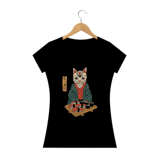 Camiseta Feminina Gato Sushi Estampa Japonesa