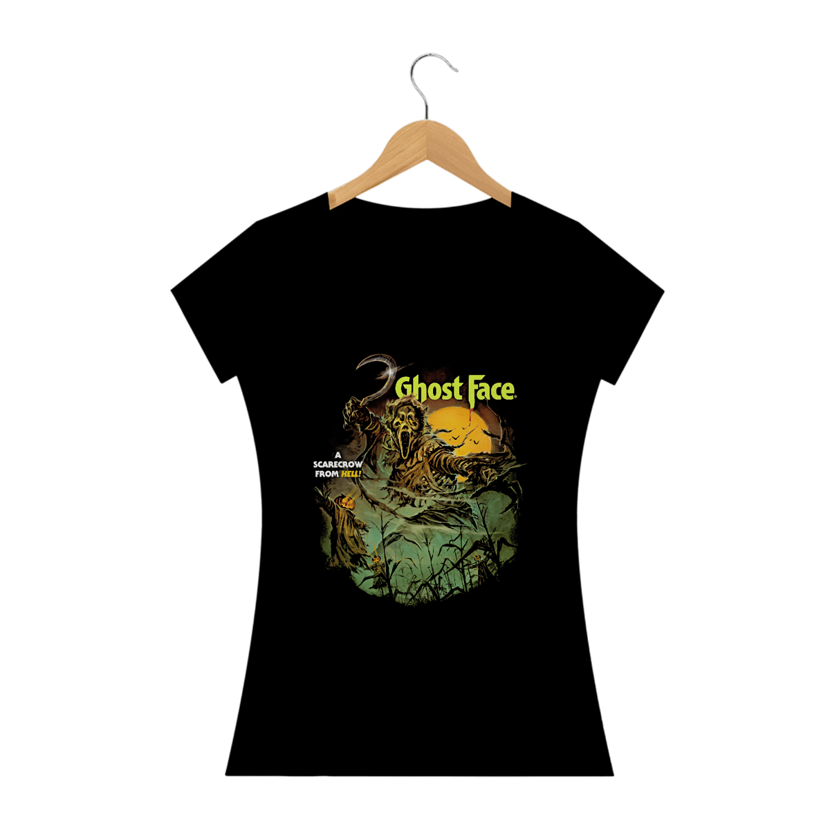 Nome do produto: Camiseta Feminina Ghostface Espantalho Pânico Estampa Filme Terror