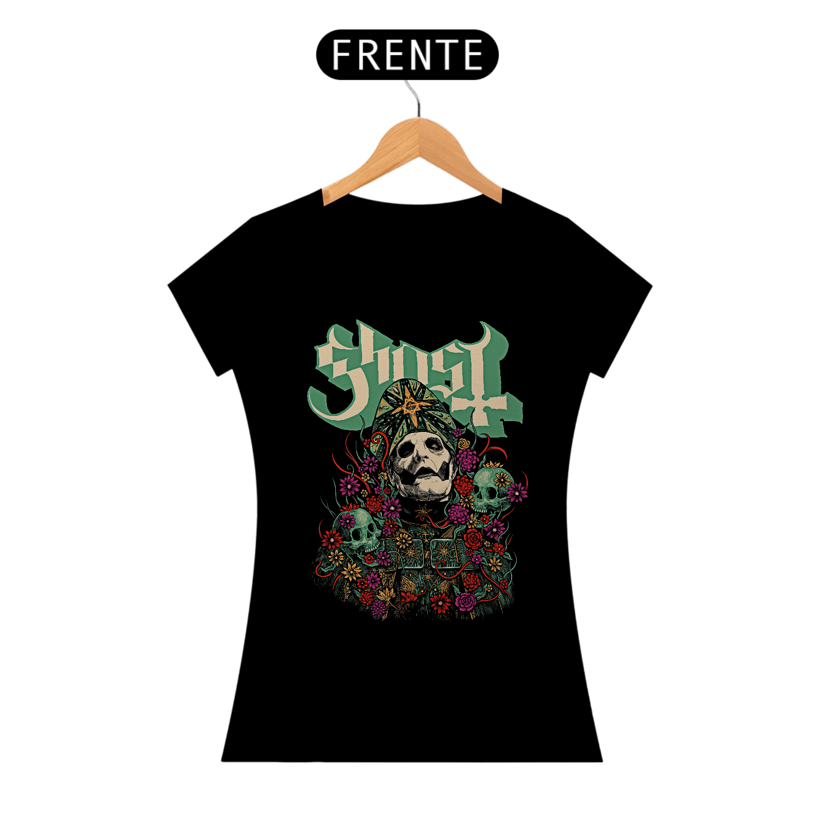 Camiseta Feminina Ghost Caveiras e Flores Estampa ROCK