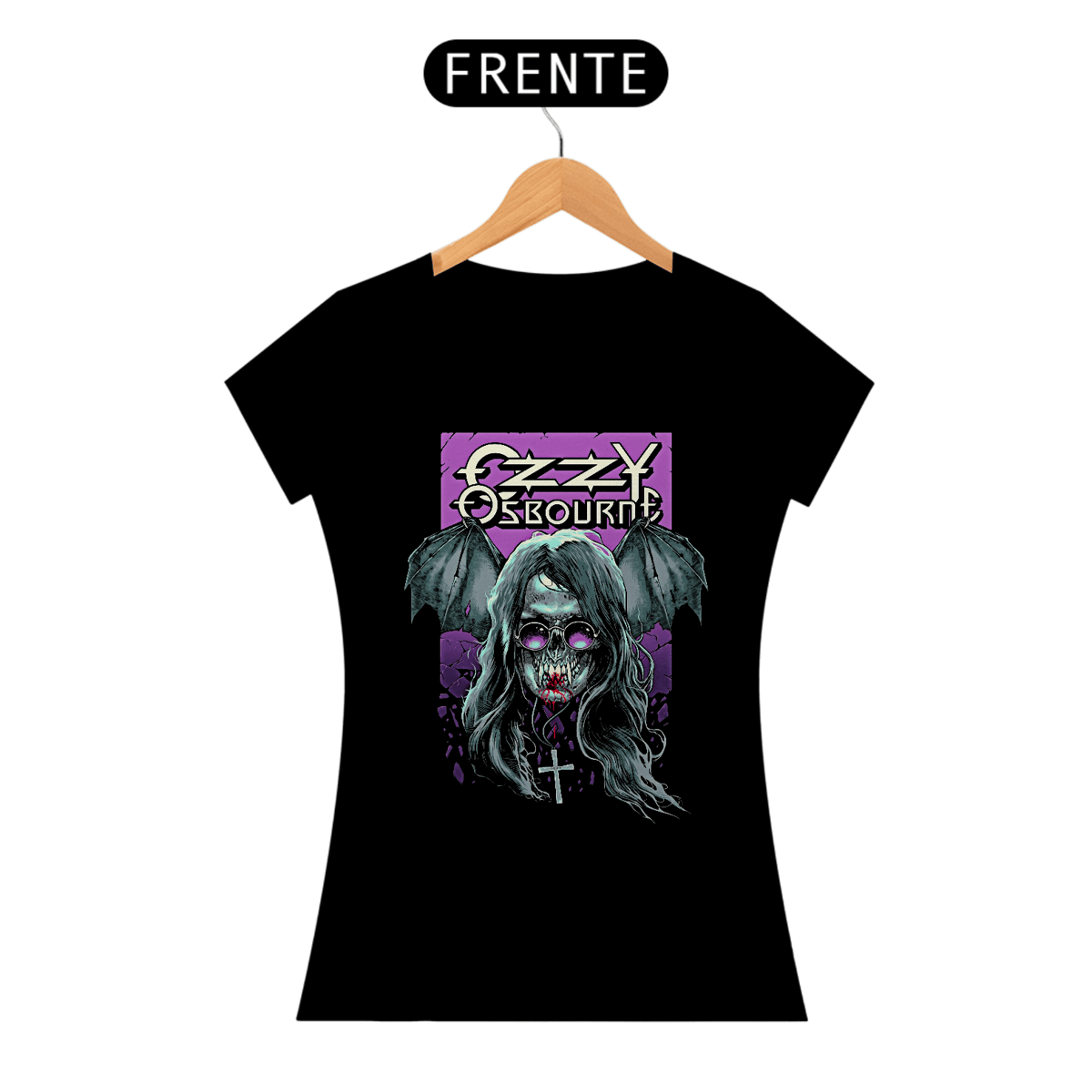 Nome do produto: Camiseta Feminina Morcego das Trevas Estampa Banda Ozzy Osbourne | Rock