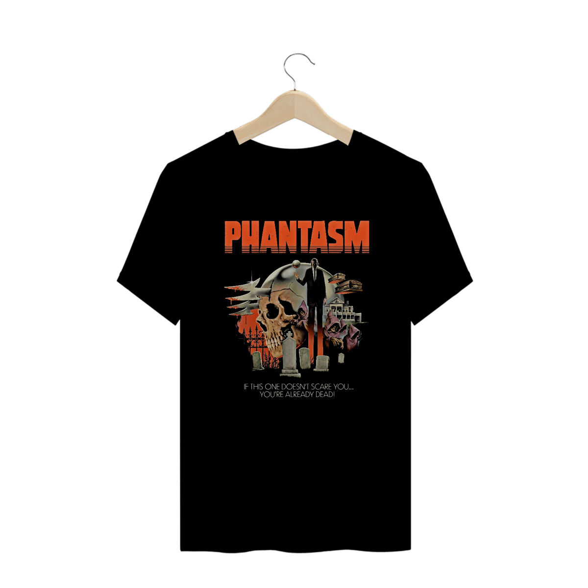 Nome do produto: Camiseta Plus Size Fantasma Entre Túmulos e Pesadelos Estampa Filme Terror
