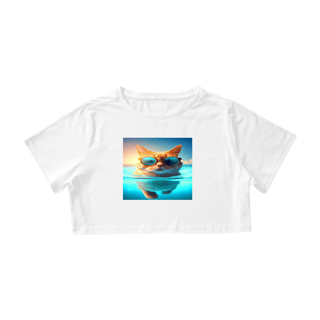 Nome do produto Camiseta Cropped Gato com Óculos de Sol Nadando