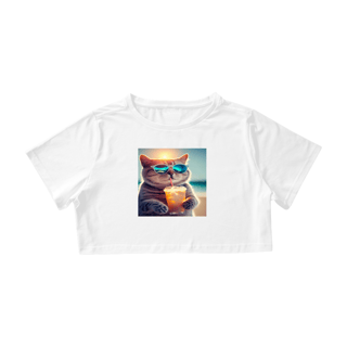 Nome do produto Camiseta Cropped Gato com Óculos de Sol Tomando Suco