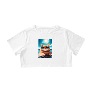 Nome do produto Camiseta Cropped Gato com Óculos de Sol Tomando Sol