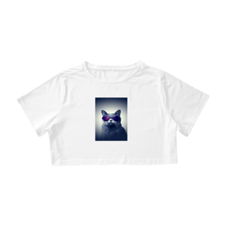 Nome do produto Camiseta Cropped Gato com Óculos de Sol Roxo