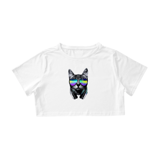 Nome do produto Camiseta Cropped Gato com Óculos de Sol Colorido e Fone