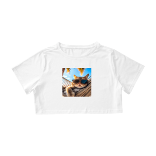 Nome do produto Camiseta Cropped Gato na Rede com Óculos Escuros