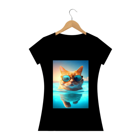 Camiseta Feminina Gato de Óculos Nadando