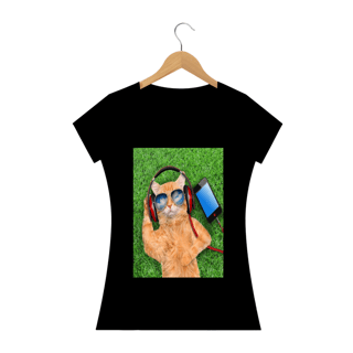 Camiseta Gato Com Óculos e Fone