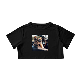 Camiseta Cropped Gato no Carro Conversível