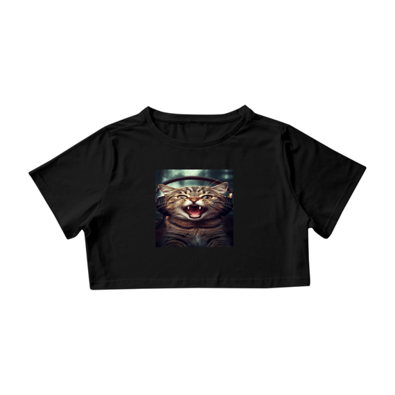 Camiseta Cropped Gato com Fone