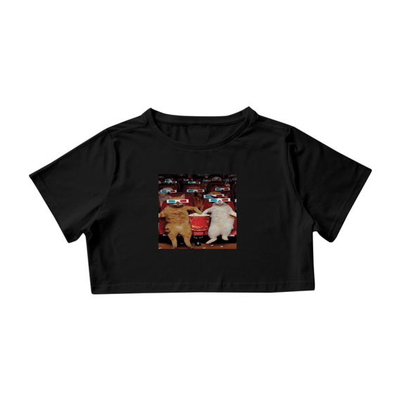 Camiseta Cropped Gato com Óculos 3D