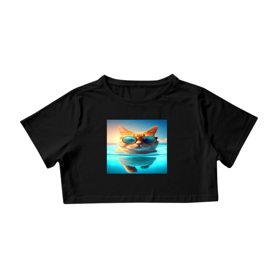 Camiseta Cropped Gato com Óculos de Sol Nadando