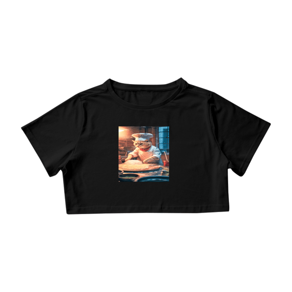 Camiseta Cropped Gato Fazendo Pizza