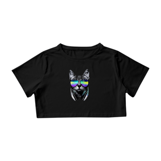 Camiseta Cropped Gato com Óculos de Sol Colorido e Fone