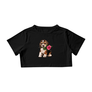 Camiseta Cropped Cachorro com Rosa
