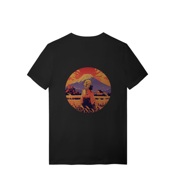 Camiseta “Montanha da Serenidade” – Estilo Oriental com Gato Preto