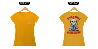 Nome do produto CAMISETA BABY LONG CLASSIC FRENTE E COSTAS, LINHA FILME JASON BE KIND TO ANIMALS, SEXTA FEIRA 13