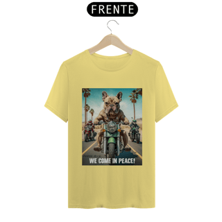 Nome do produto CAMISETA T-SHIRT ESTONADA DOG BULDOGUE, WE COME IN PEACE 