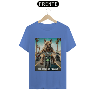 Nome do produto CAMISETA T-SHIRT ESTONADA DOG BULDOGUE, WE COME IN PEACE 