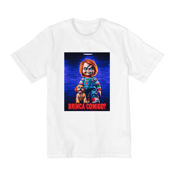 CAMISETA QUALITY INFANTIL, CHUCKY  BRINCA COMIGO-10 A 14 ANOS 