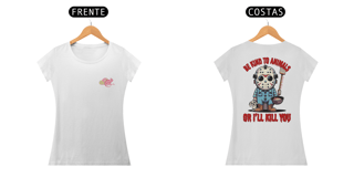 Nome do produto CAMISETA BABY LONG CLASSIC FRENTE E COSTAS, LINHA FILME JASON BE KIND TO ANIMALS, SEXTA FEIRA 13