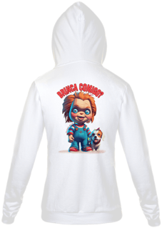 Nome do produto MOLETON COM ZIPER UNISSEX, BOLSO CANGURU DOG-P M G GG-FILME VERSÃO FOFINHA CHUCKY BRINCA COMIGO, 45% ALGODÃO E 55% POLIESTER, INTERIOR FLANELADO, PUNHO E BARRA EM RETILÍNEA
