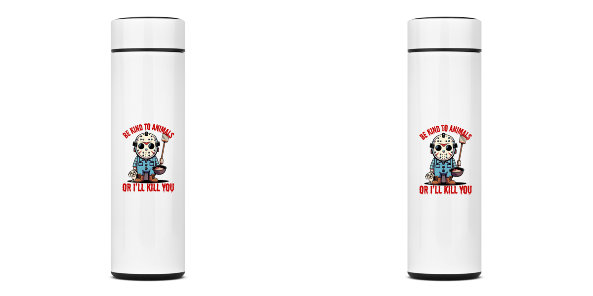 Nome do produto: GARRAFA TÉRMICA DOG JASON BE KIND TO ANIMALS, AÇO INOXIDÁVEL 400ML FRENTE E VERSO 