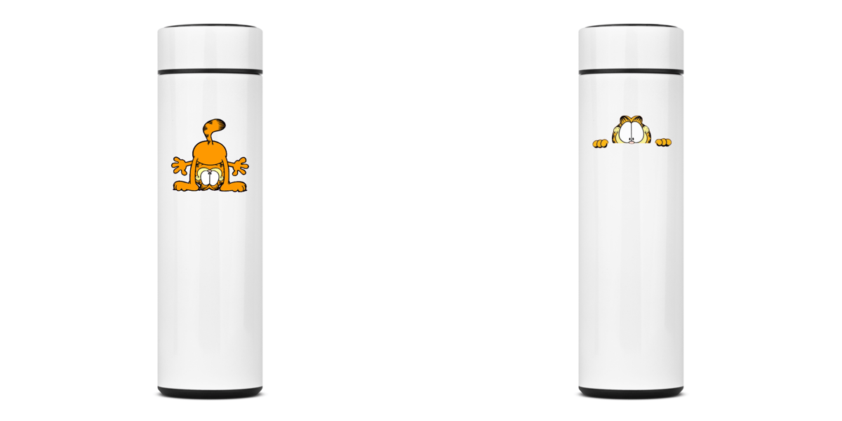 Nome do produto: GARRAFA TÉRMICA CAT GARFIELD, AÇO INOXIDÁVEL 40OML, FRENTE E VERSO