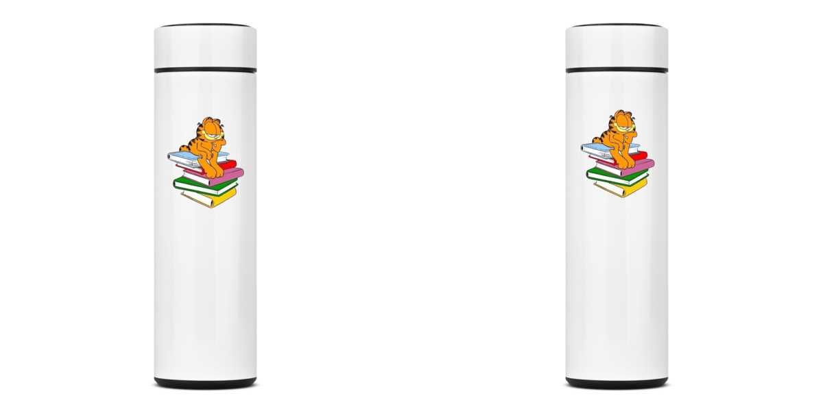 Nome do produto: GARRAFA TÉRMICA CAT GARFIELD LIVROS, AÇO INOXIDÁVEL 40OML, FRENTE E VERSO
