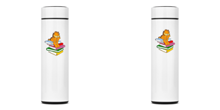 Nome do produto GARRAFA TÉRMICA CAT GARFIELD LIVROS, AÇO INOXIDÁVEL 40OML, FRENTE E VERSO