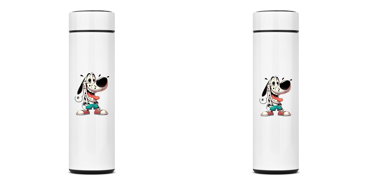 Nome do produto: GARRAFA TÉRMICA DOG DALMATA, AÇO INOXIDÁVEL 40OML, FRENTE E VERSO