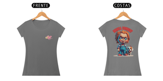 CAMISETA BABY LONG ESTONADA  DOG FRENTE E COSTAS, LINHA FILME CHUCKY BRINCA COMIGO