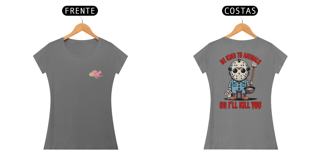 CAMISETA BABY LONG ESTONADA DOG FRENTE E COSTAS, LINHA FILME JASON BE KIND TO ANIMALS, SEXTA FEIRA 13