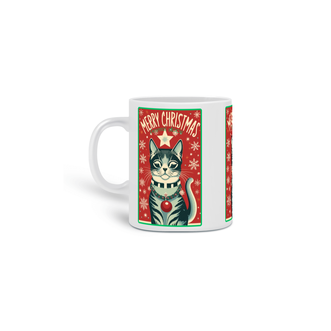 CANECA PERSONALIZADA CRIATIVA EM CERÂMICA, 325ML C/03 LADOS CAT MERRY CHRISTIMAS