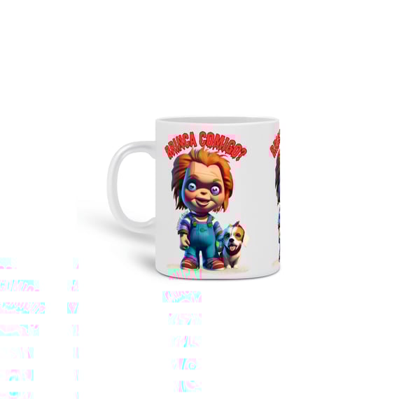 CANECA PERSONALIZADA CRIATIVA EM CERÂMICA, 325ML C/03 LADOS DOG, LINHA FILME CHUCKY BRINCA COMIGO