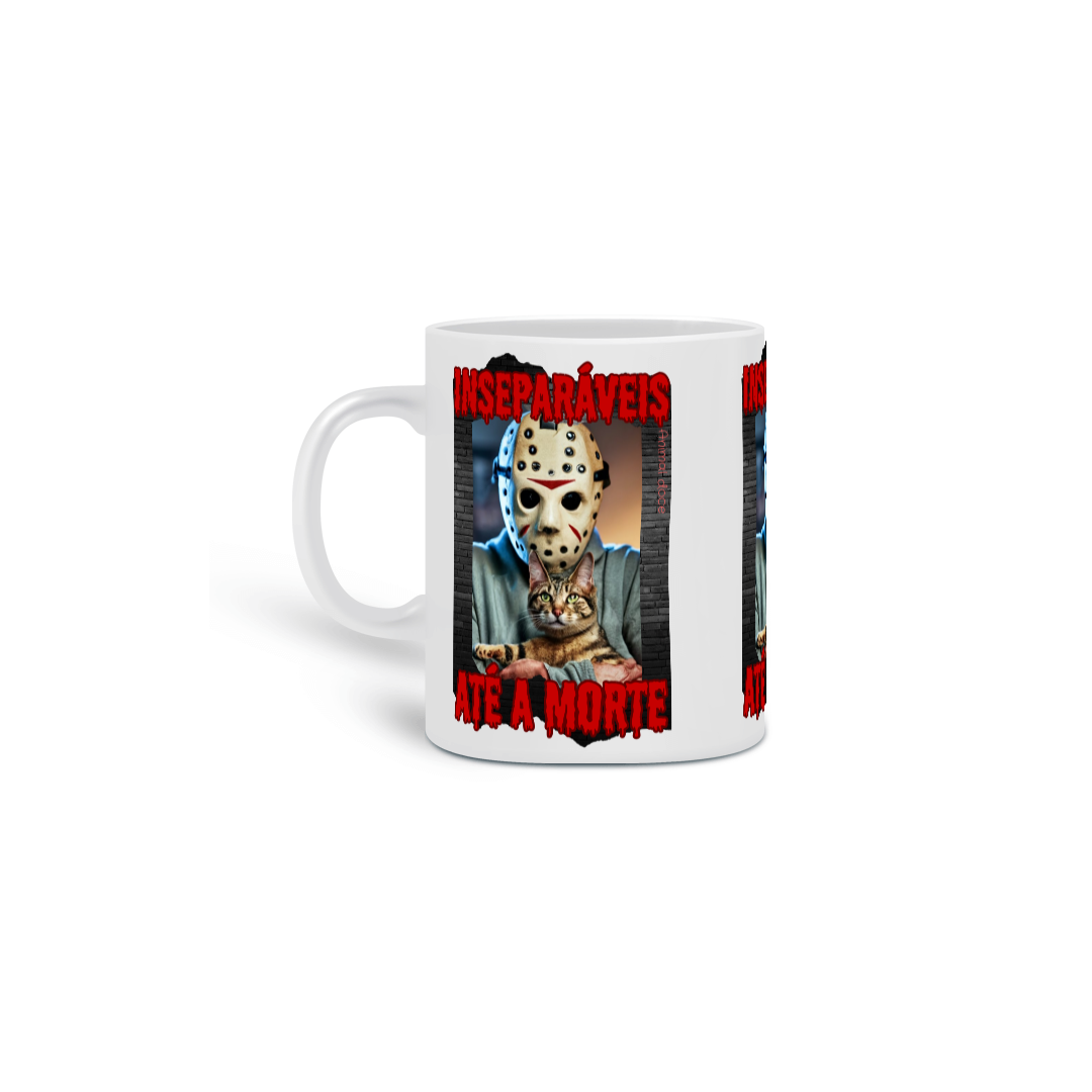  CANECA PERSONALIZADA CRIATIVA EM CERÂMICA, 325ML C/03 LADOS CAT, LINHA FILME JASON INSEPARAVEIS ATE A MORTE SEXTA FEIRA 13