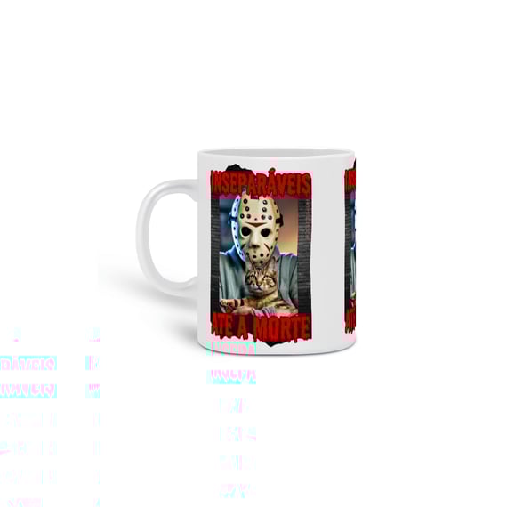  CANECA PERSONALIZADA CRIATIVA EM CERÂMICA, 325ML C/03 LADOS CAT, LINHA FILME JASON INSEPARAVEIS ATE A MORTE SEXTA FEIRA 13