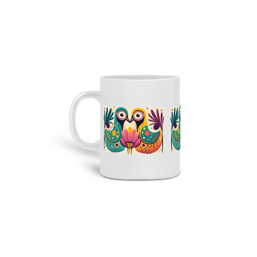 CANECA PERSONALIZADA CRIATIVA EM CERÂMICA 325ML 03 LADOS, COLORFUL BIRDS