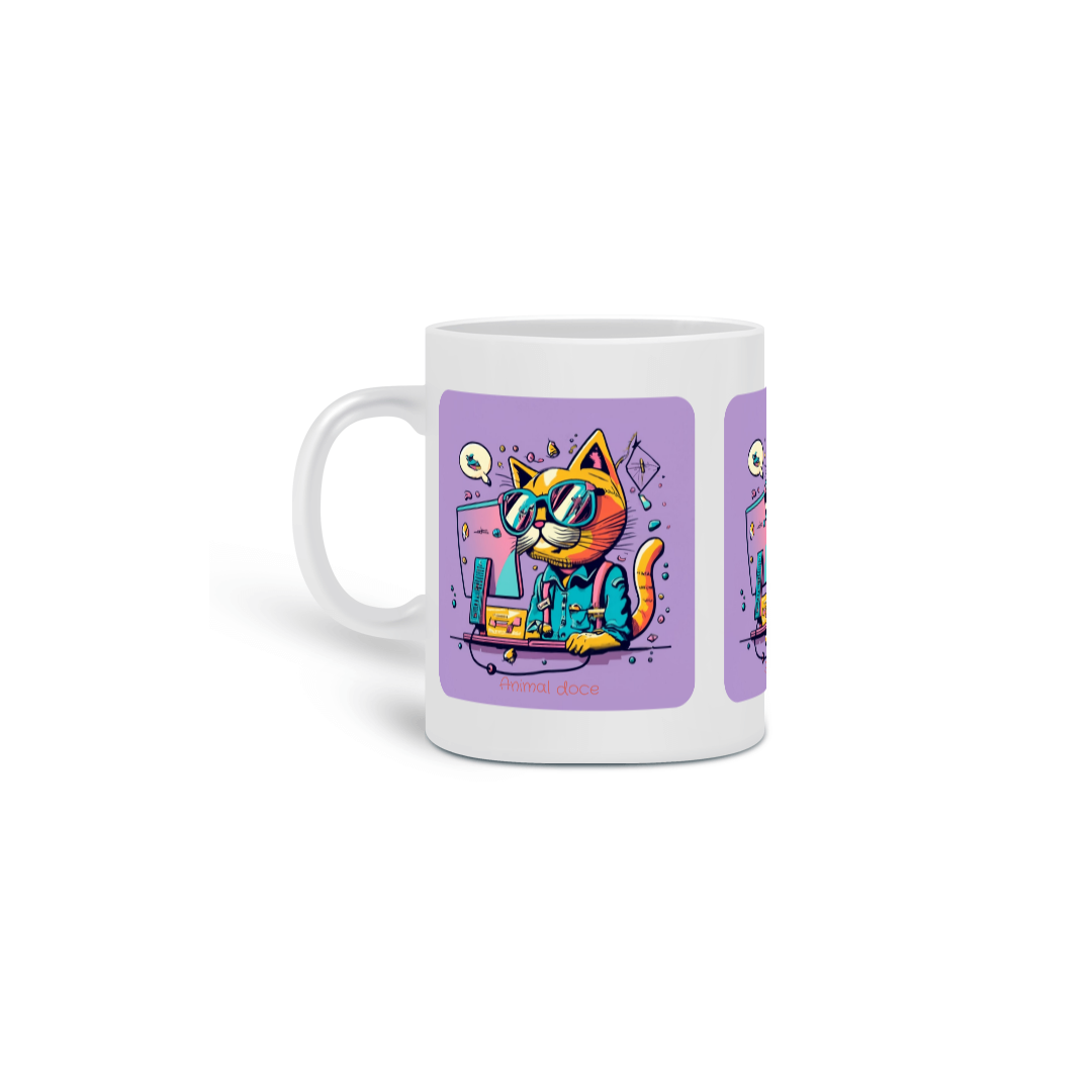 CANECA PERSONALIZADA CRIATIVA EM CERÂMICA 325ML 03 LADOS, CAT GEEK ON THE COMPUTER